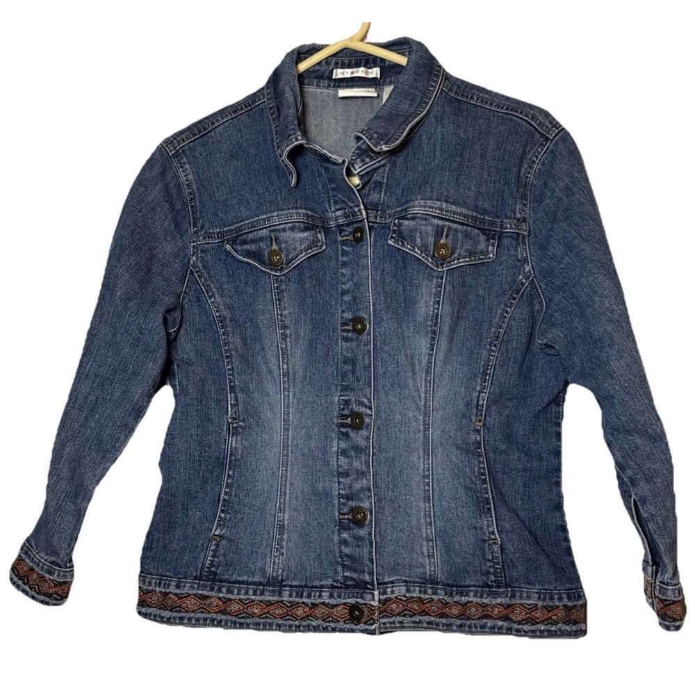 Axcess Liz Claiborne Stretch Denim Jacket Womens 10 Embroidered Trim Blue Jean